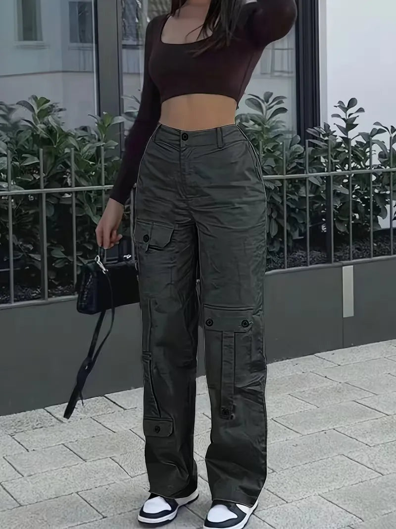 Elise™ | Pantalón cargo de polipiel de tiro alto