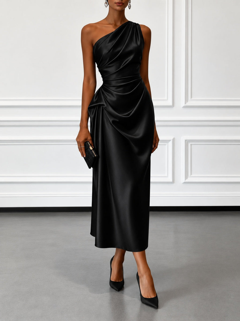 Bailey™ | Vestido midi de cóctel satinado asimétrico con drapeado