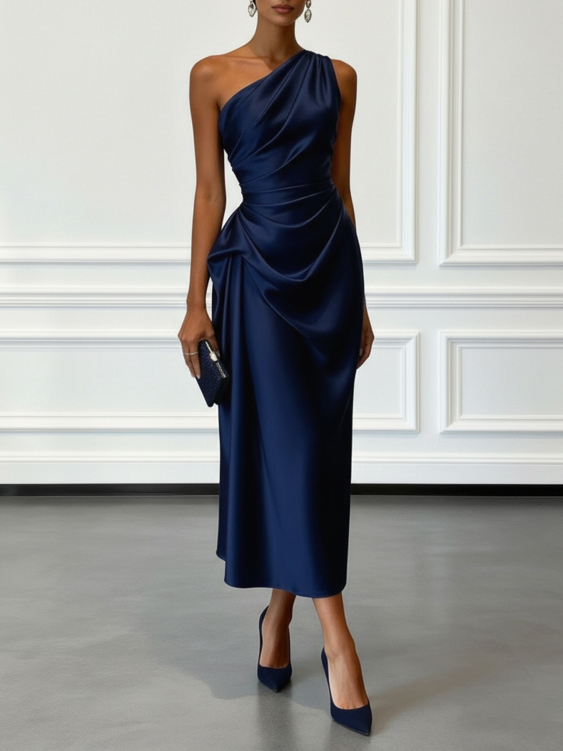 Bailey™ | Vestido midi de cóctel satinado asimétrico con drapeado