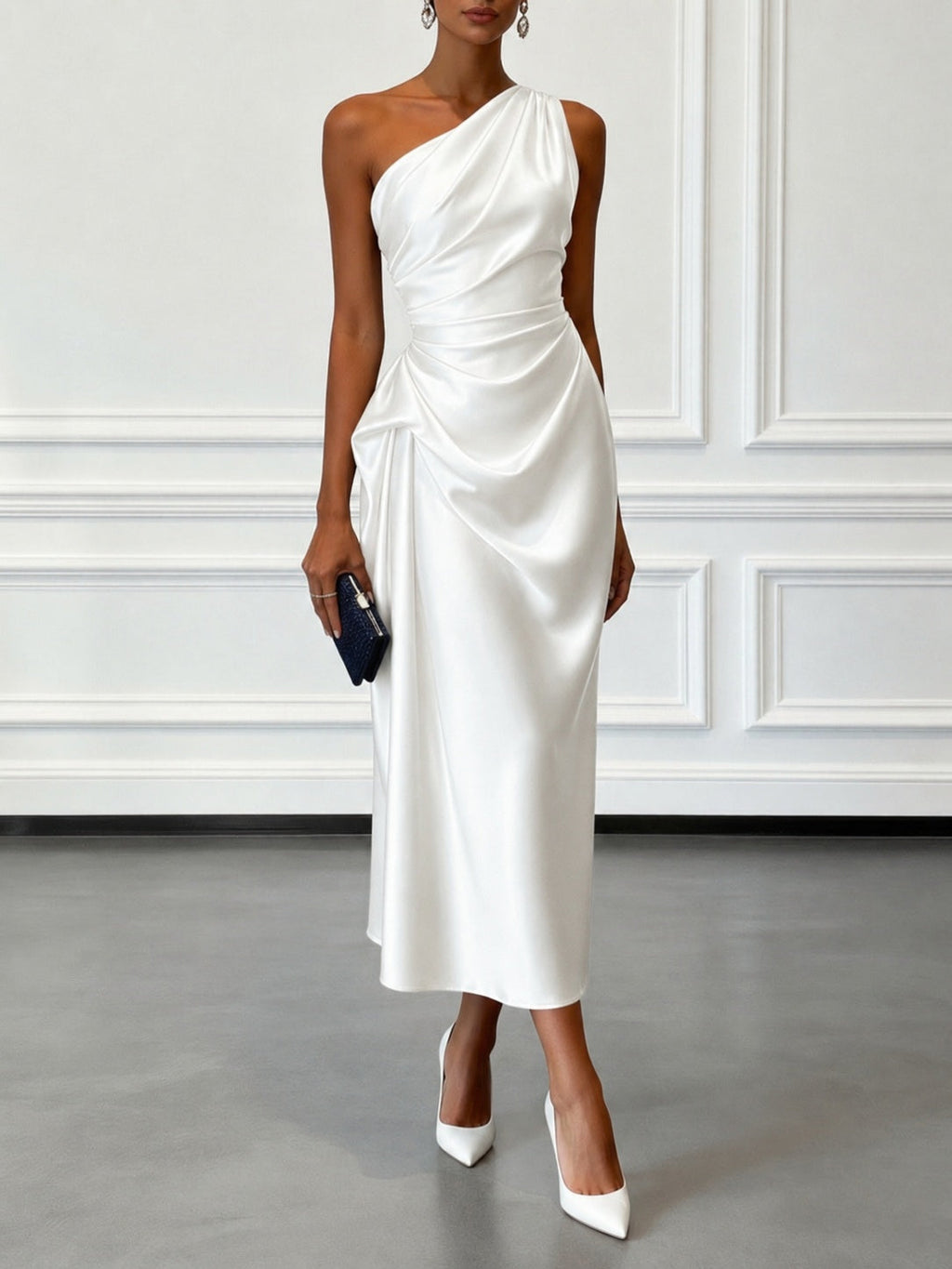 Bailey™ | Vestido midi de cóctel satinado asimétrico con drapeado