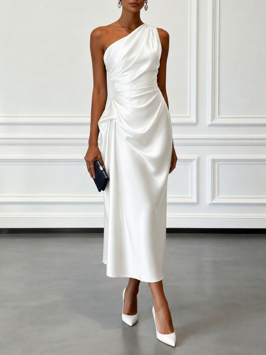 Bailey™ | Vestido midi de cóctel satinado asimétrico con drapeado