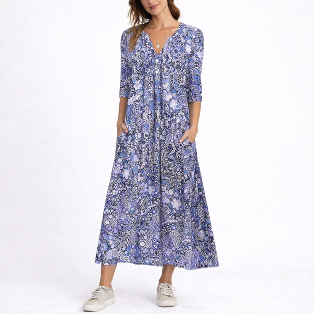Charlotte™ | Vestido midi de invitada floral con manga tres cuartos