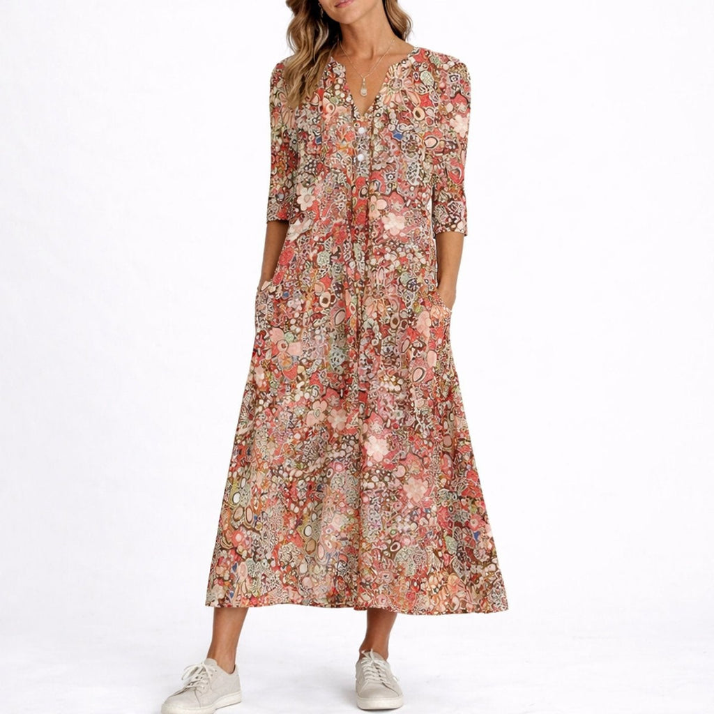 Charlotte™ | Vestido midi de invitada floral con manga tres cuartos