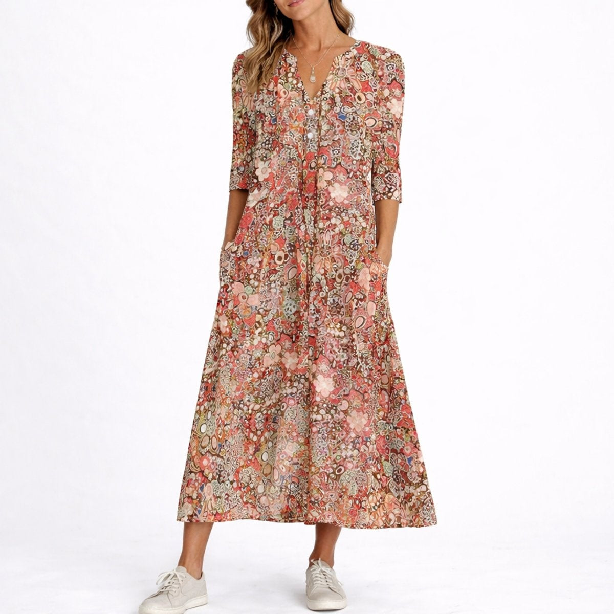 Charlotte™ | Vestido midi de invitada floral con manga tres cuartos