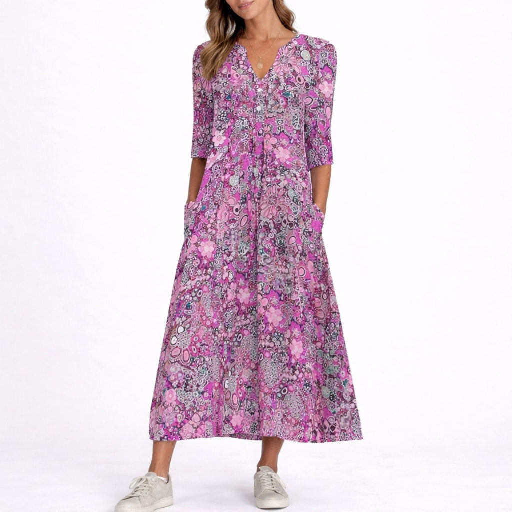 Charlotte™ | Vestido midi de invitada floral con manga tres cuartos