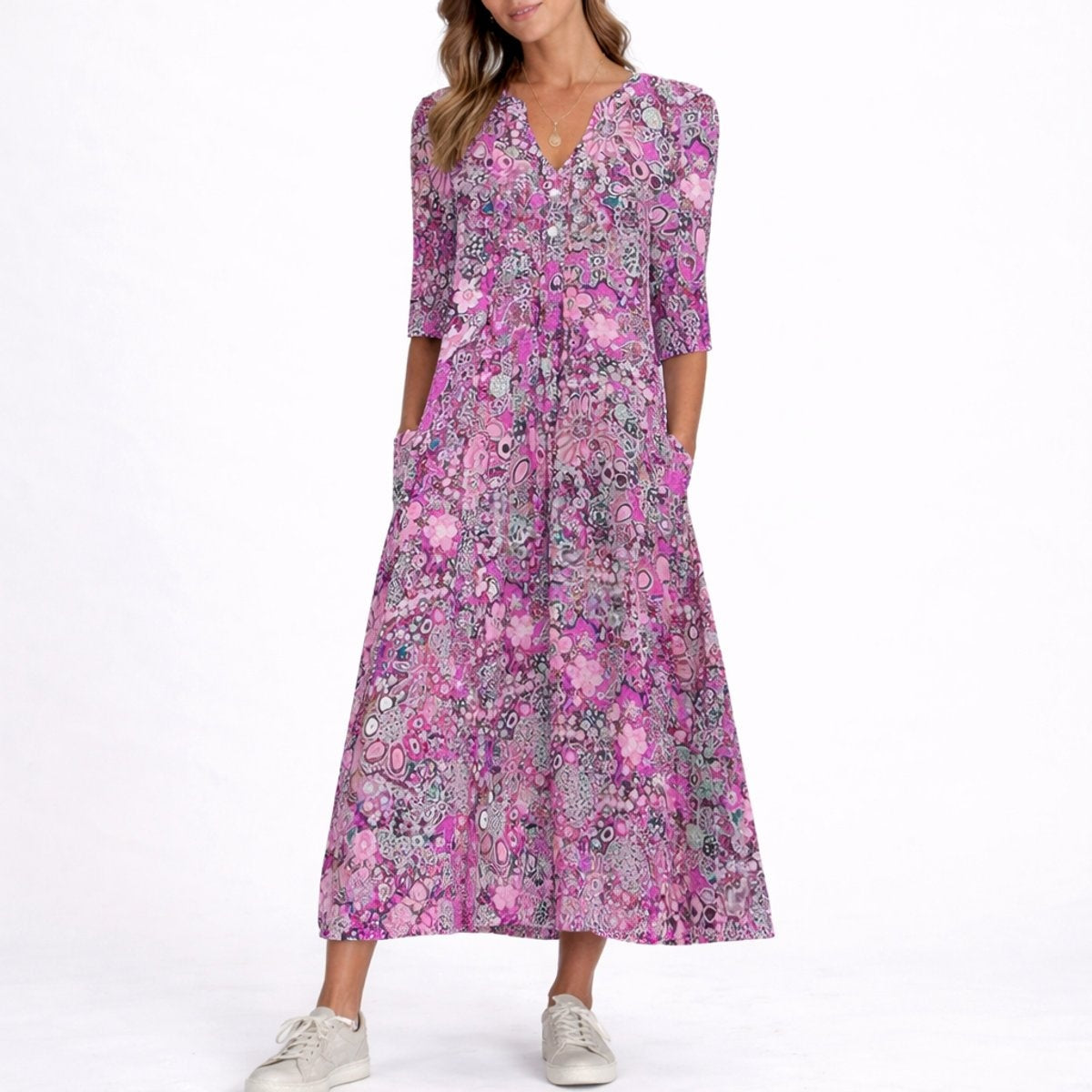 Charlotte™ | Vestido midi de invitada floral con manga tres cuartos