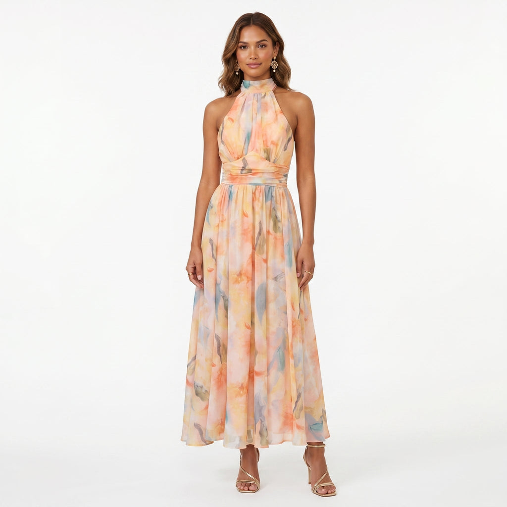 Elena™ | Vestido largo de invitada estampado con cuello halter