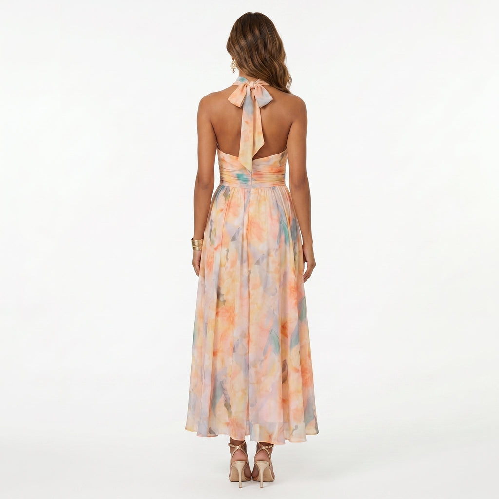 Elena™ | Vestido largo de invitada estampado con cuello halter