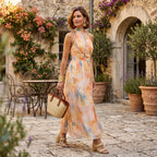 Elena™ | Vestido largo de invitada estampado con cuello halter