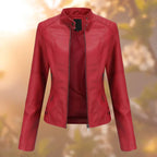 Thea™ | Chaqueta motera slim fit de polipiel con cuello mao