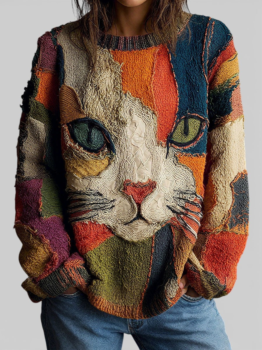 Adeline™ | Jersey de punto con gatos estilo patchwork y cuello redondo