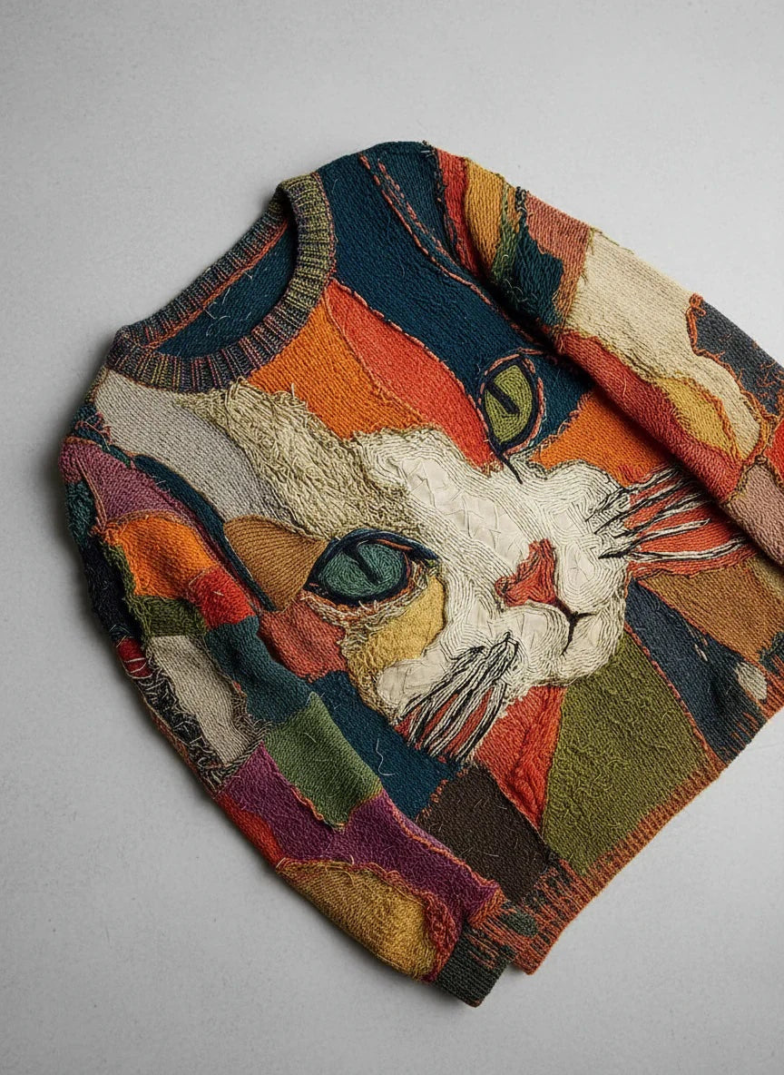 Adeline™ | Jersey de punto con gatos estilo patchwork y cuello redondo