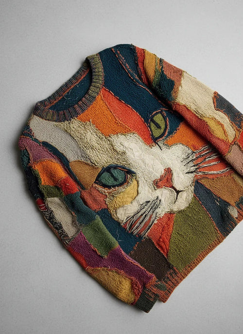 Adeline™ | Jersey de punto con gatos estilo patchwork y cuello redondo