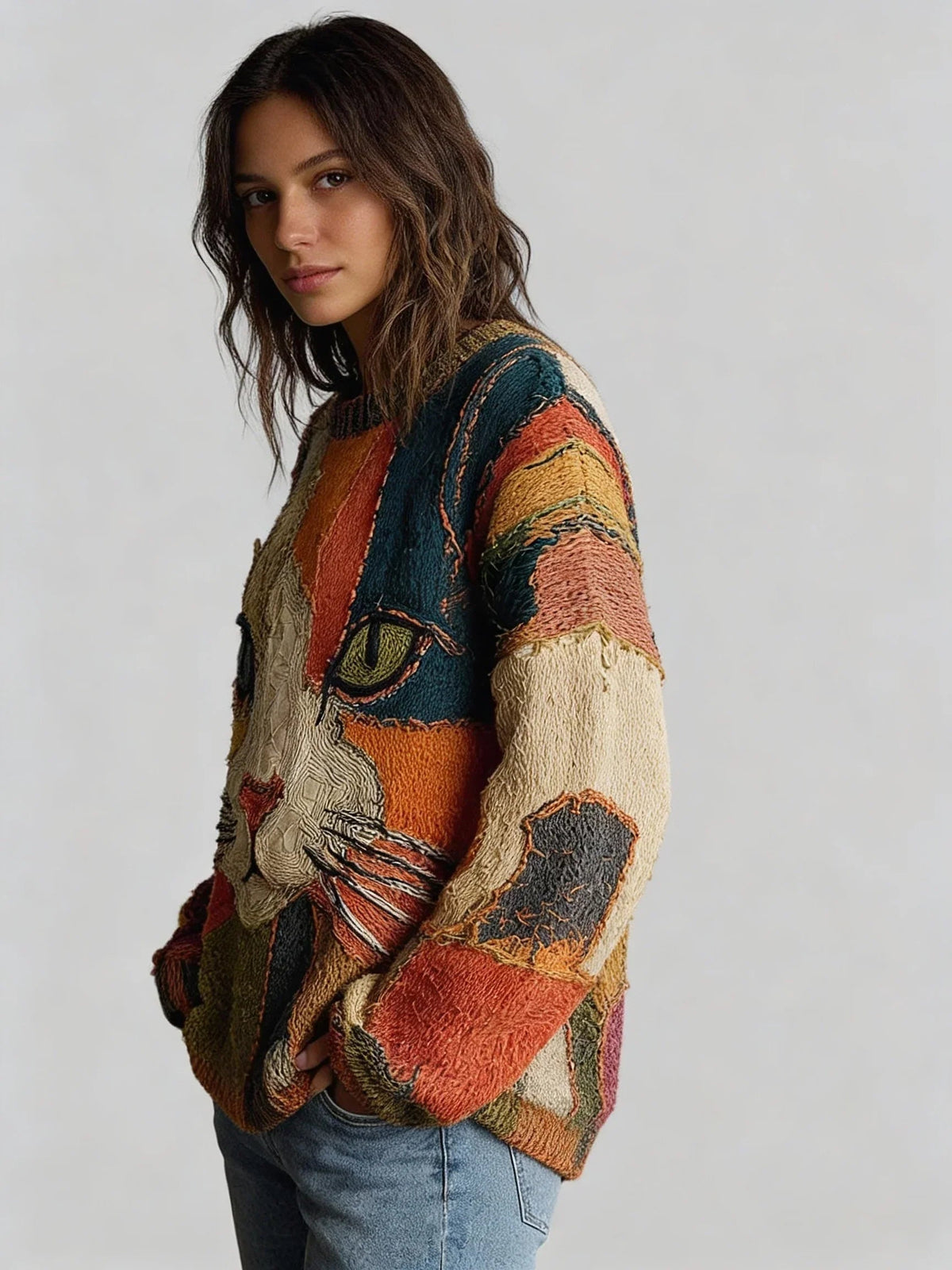 Adeline™ | Jersey de punto con gatos estilo patchwork y cuello redondo