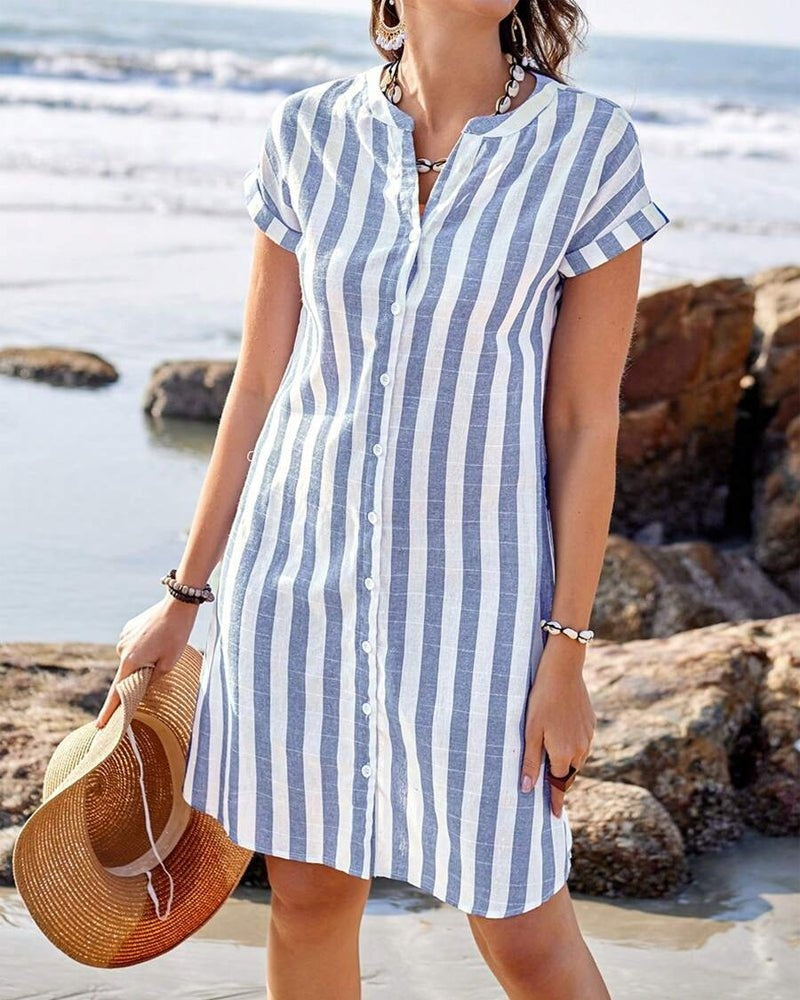 Mackenzie™ | Vestido camisero corto de rayas con manga corta
