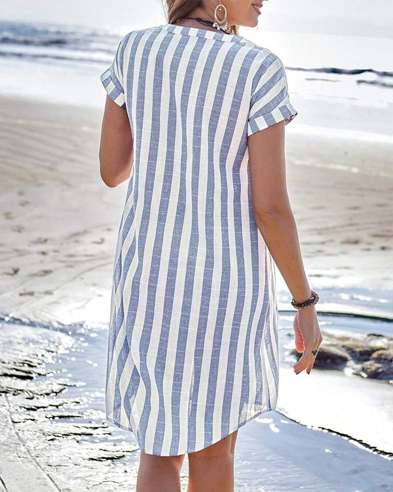 Mackenzie™ | Vestido camisero corto de rayas con manga corta