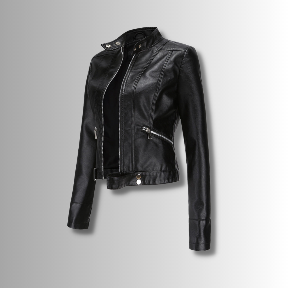 Leila™ | Cazadora biker de piel con cuello mao y cremallera