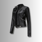 Leila™ | Cazadora biker de piel con cuello mao y cremallera