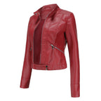 Leila™ | Cazadora biker de piel con cuello mao y cremallera