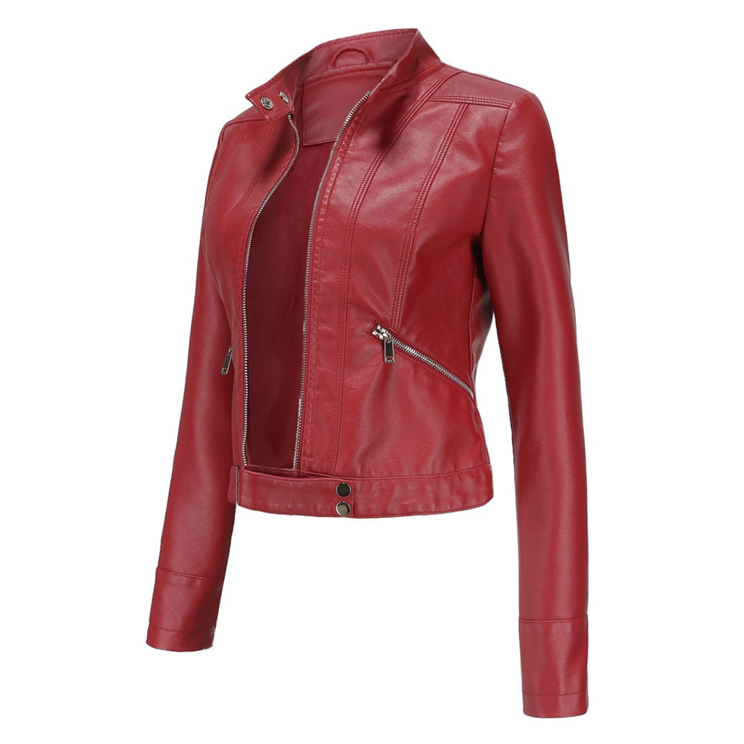 Leila™ | Cazadora biker de piel con cuello mao y cremallera