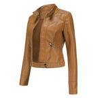 Leila™ | Cazadora biker de piel con cuello mao y cremallera