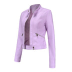 Leila™ | Cazadora biker de piel con cuello mao y cremallera