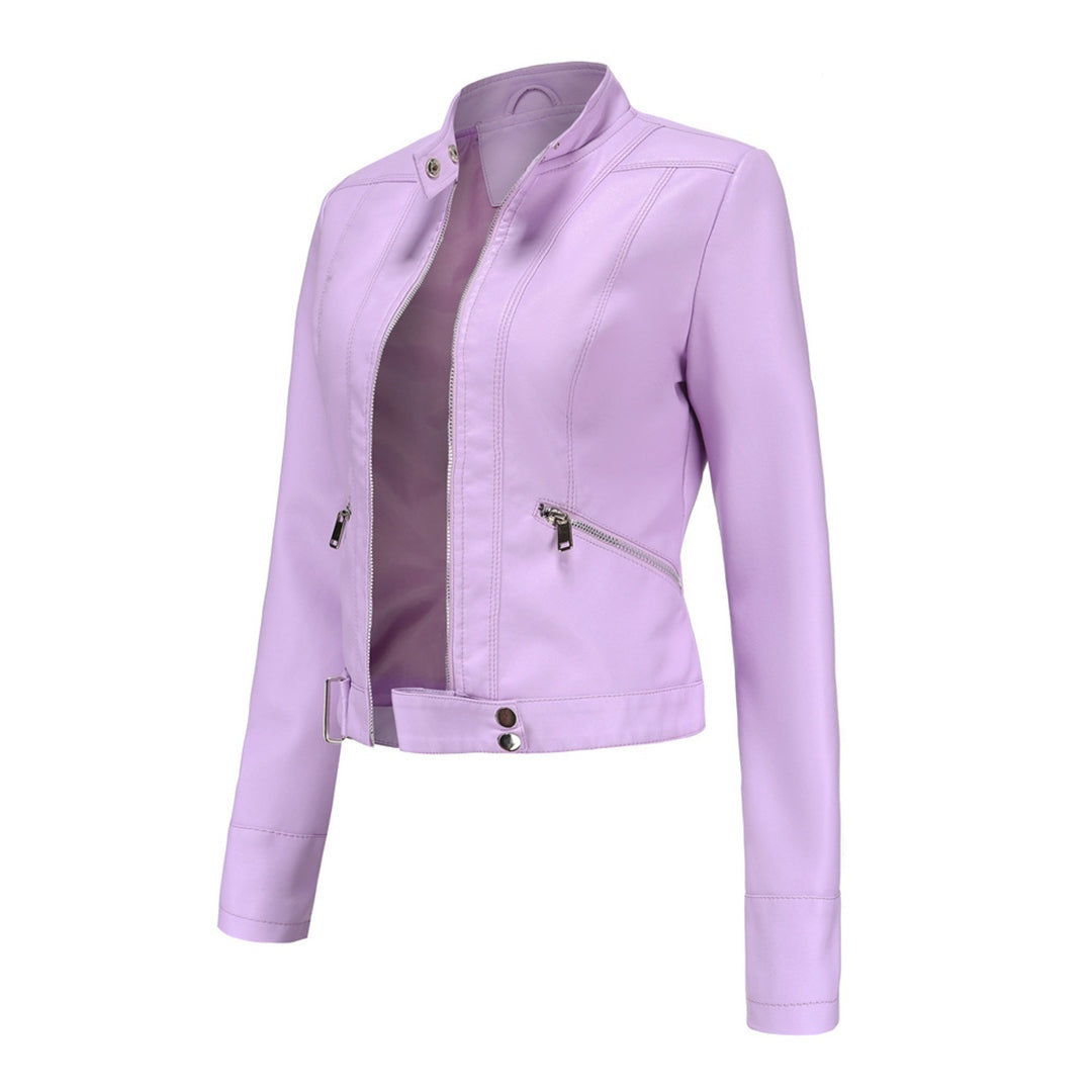 Leila™ | Cazadora biker de piel con cuello mao y cremallera