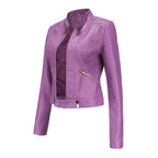 Leila™ | Cazadora biker de piel con cuello mao y cremallera
