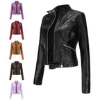 Leila™ | Cazadora biker de piel con cuello mao y cremallera