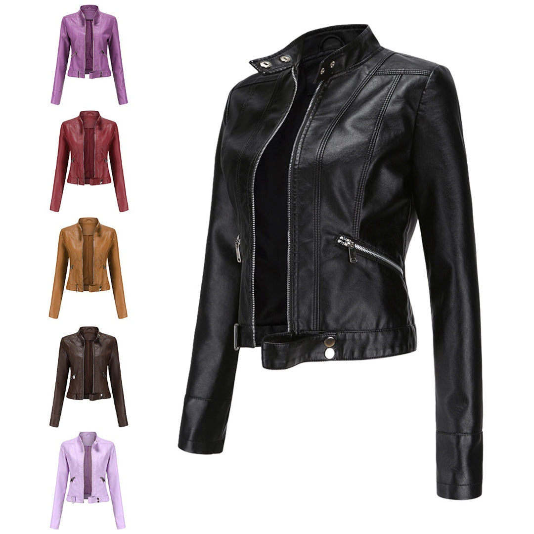 Leila™ | Cazadora biker de piel con cuello mao y cremallera