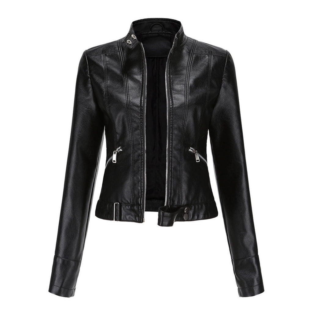 Leila™ | Cazadora biker de piel con cuello mao y cremallera