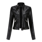 Leila™ | Cazadora biker de piel con cuello mao y cremallera