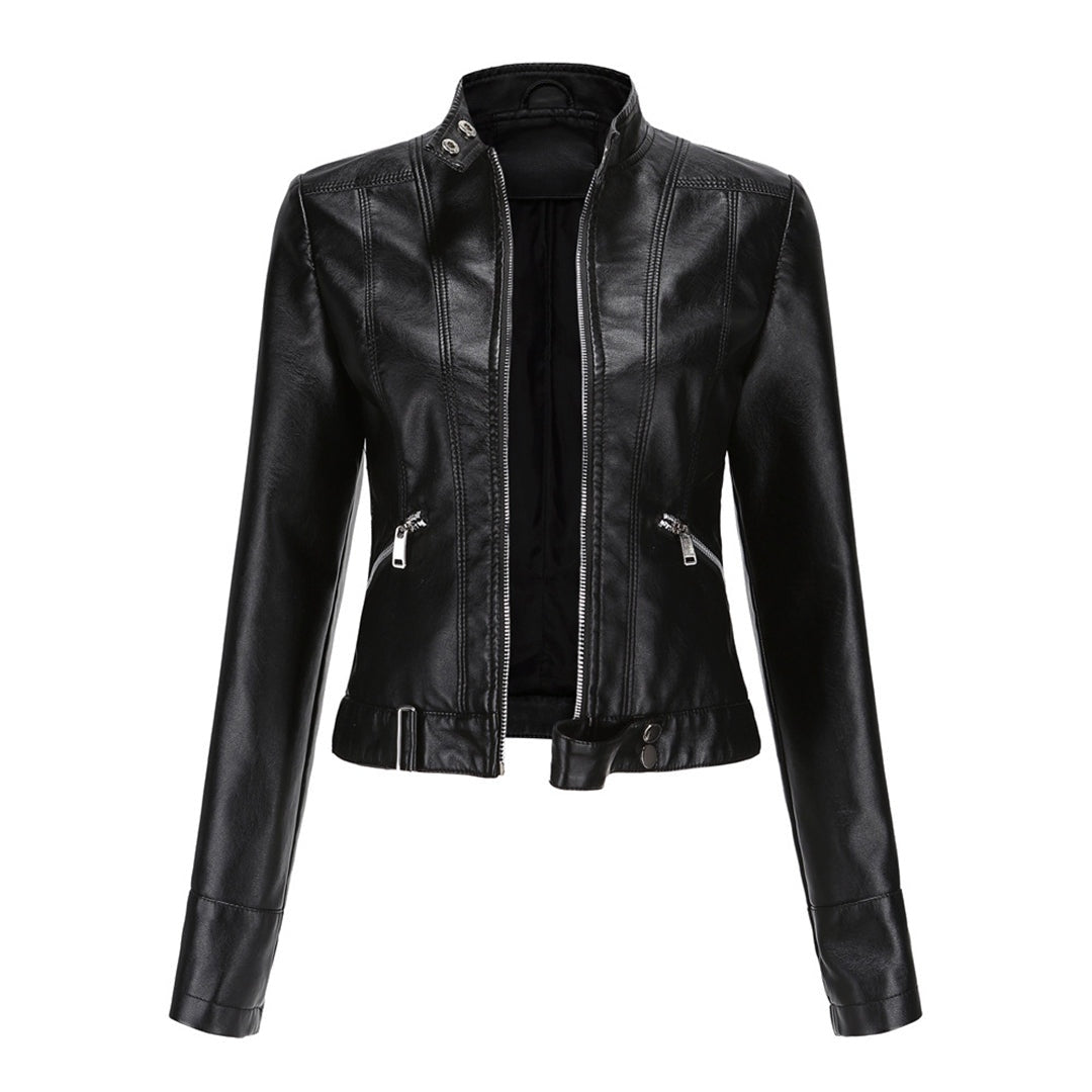Leila™ | Cazadora biker de piel con cuello mao y cremallera