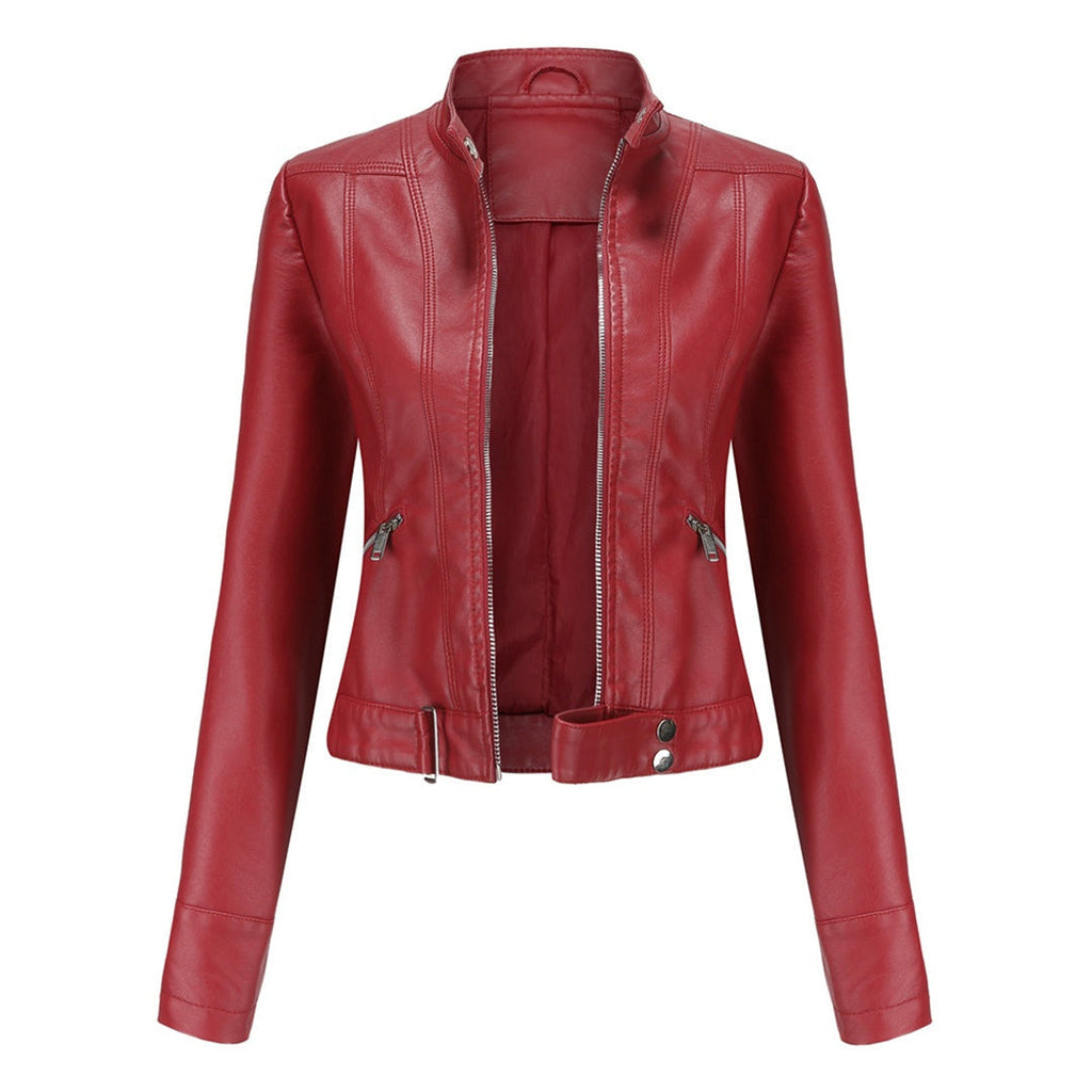 Leila™ | Cazadora biker de piel con cuello mao y cremallera