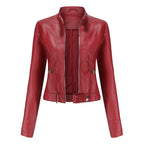 Leila™ | Cazadora biker de piel con cuello mao y cremallera