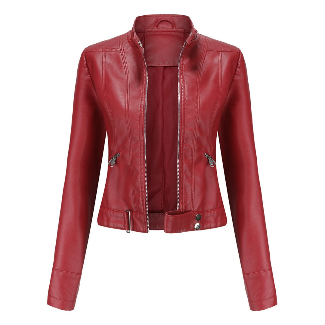 Leila™ | Cazadora biker de piel con cuello mao y cremallera