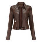 Leila™ | Cazadora biker de piel con cuello mao y cremallera
