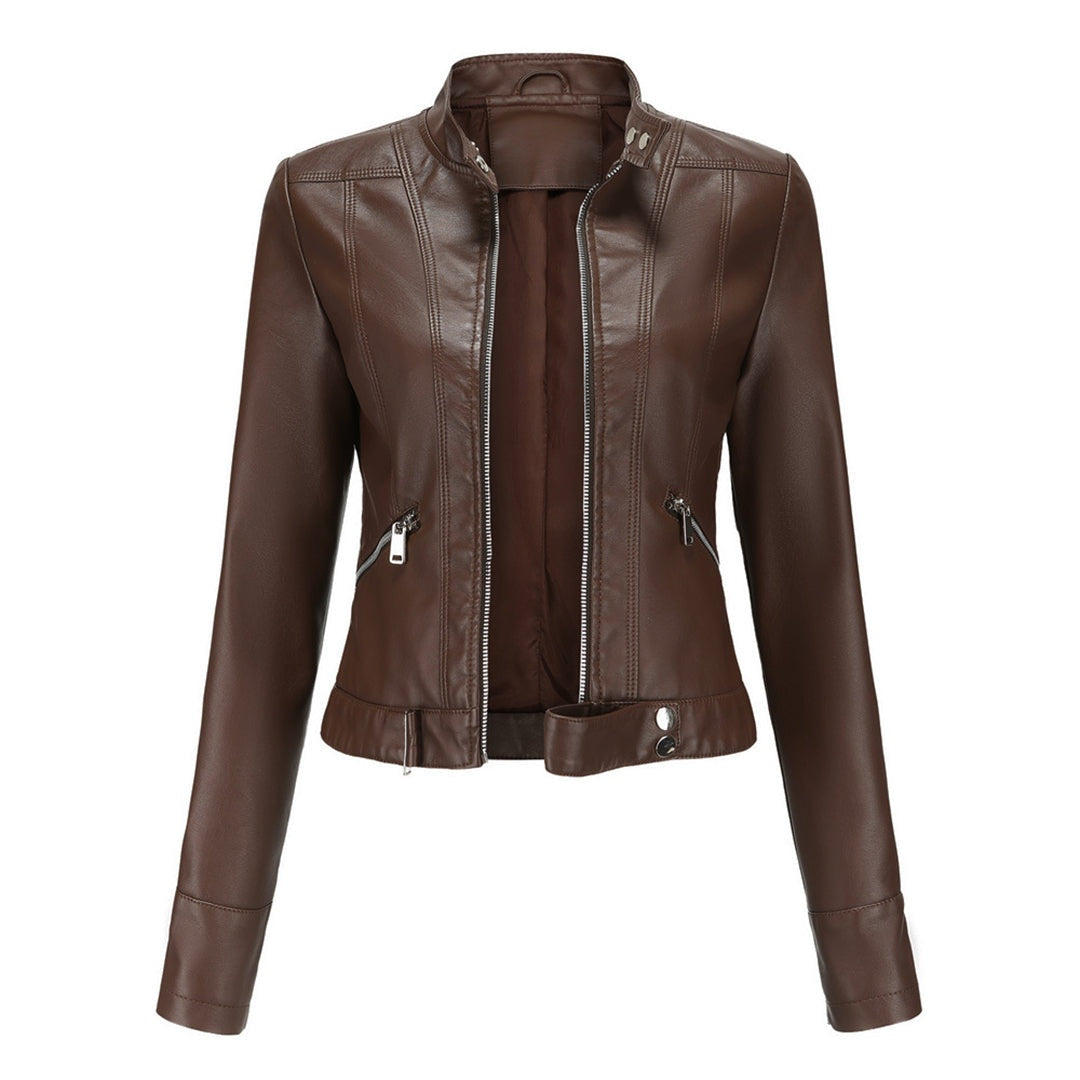 Leila™ | Cazadora biker de piel con cuello mao y cremallera
