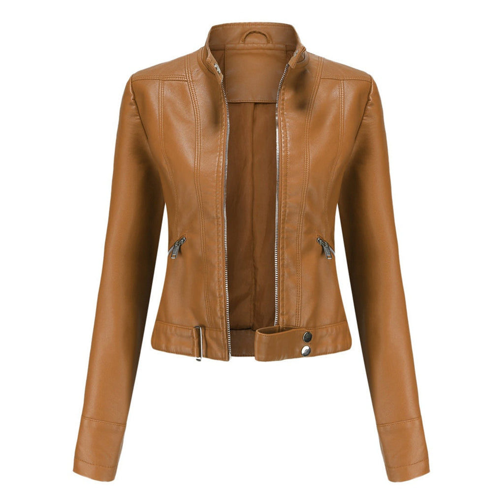 Leila™ | Cazadora biker de piel con cuello mao y cremallera