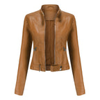 Leila™ | Cazadora biker de piel con cuello mao y cremallera