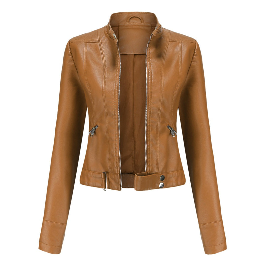 Leila™ | Cazadora biker de piel con cuello mao y cremallera
