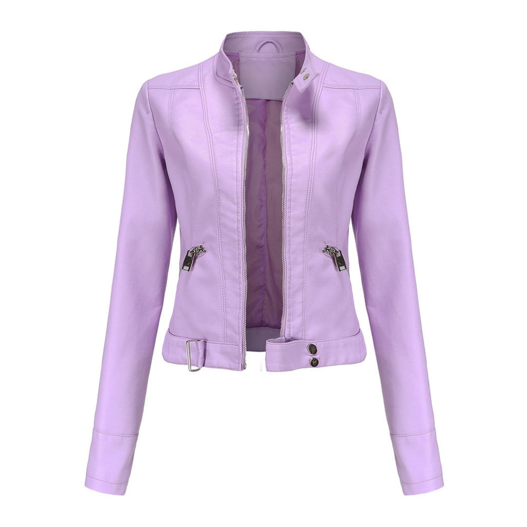 Leila™ | Cazadora biker de piel con cuello mao y cremallera