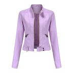 Leila™ | Cazadora biker de piel con cuello mao y cremallera