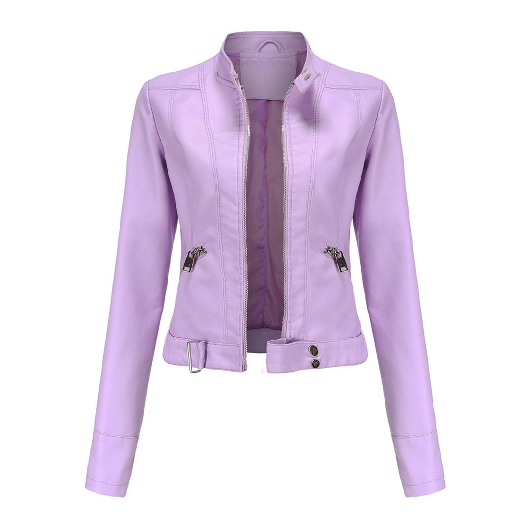 Leila™ | Cazadora biker de piel con cuello mao y cremallera