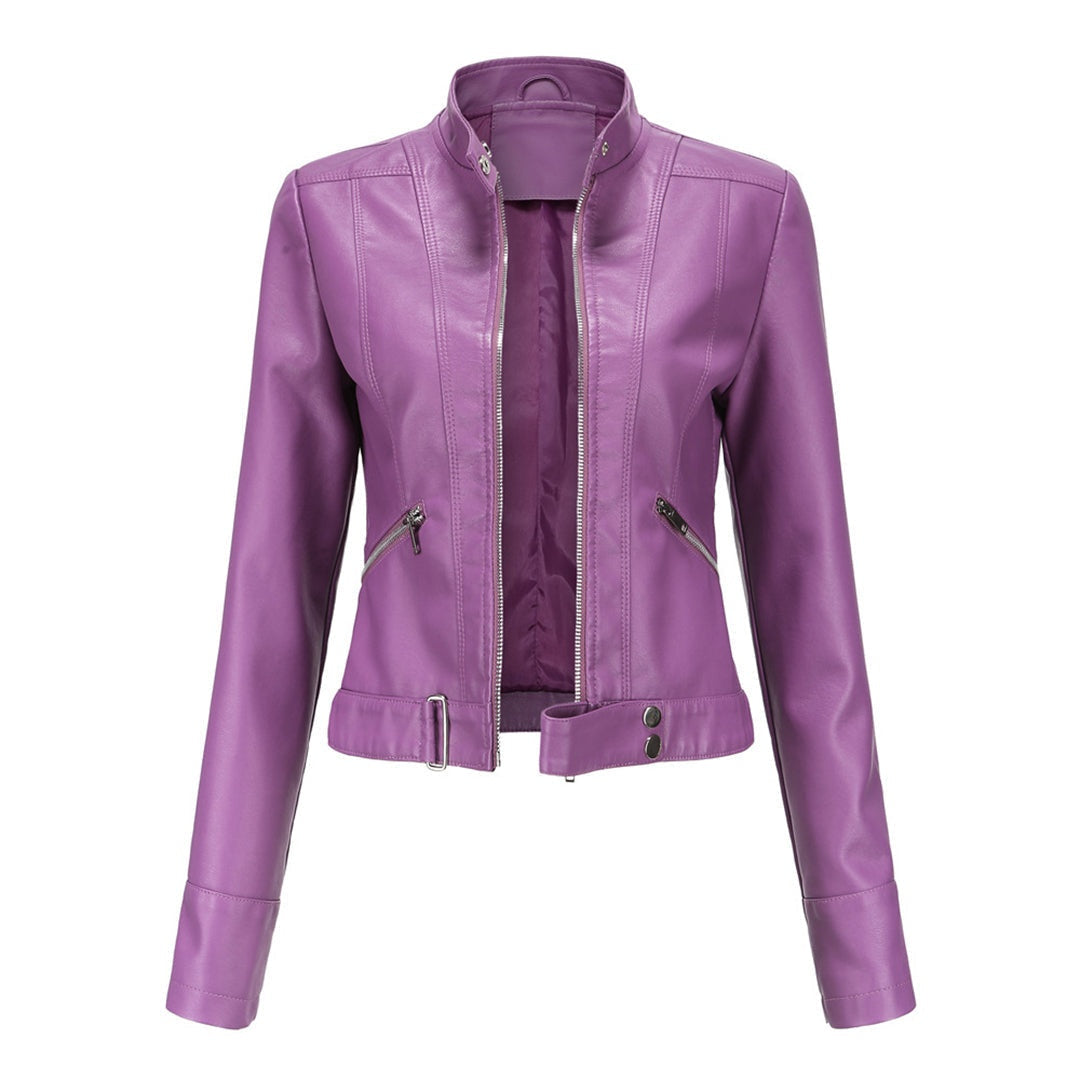 Leila™ | Cazadora biker de piel con cuello mao y cremallera