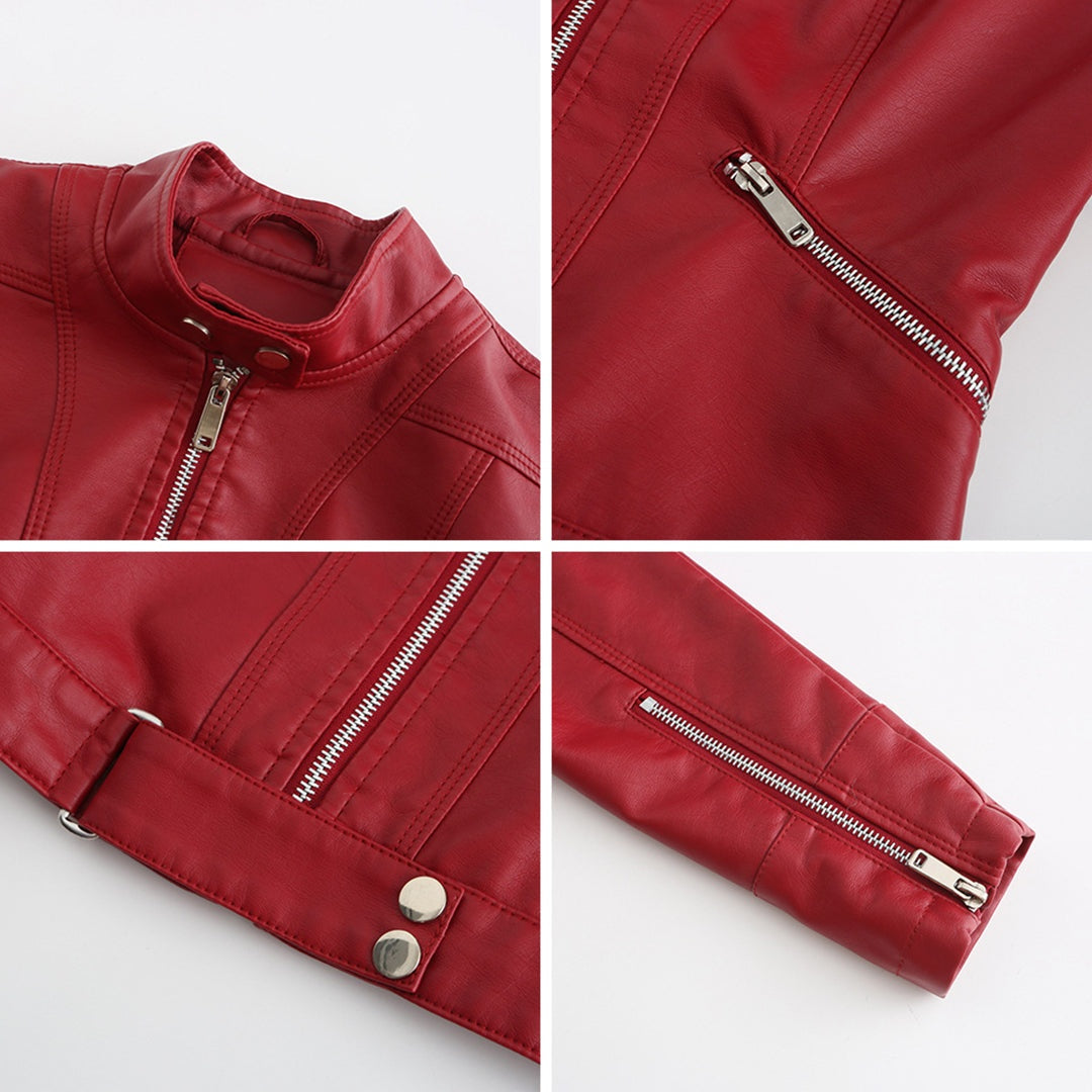 Leila™ | Cazadora biker de piel con cuello mao y cremallera