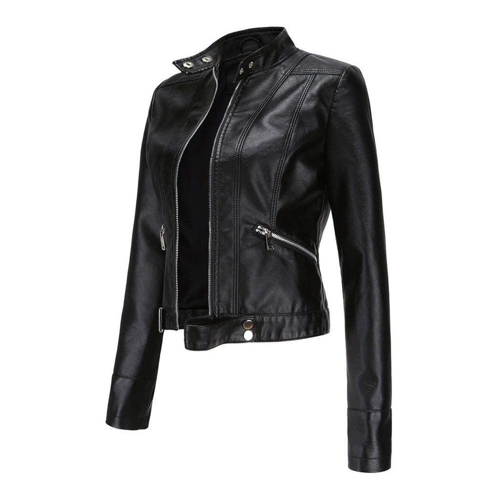 Leila™ | Cazadora biker de piel con cuello mao y cremallera