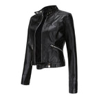 Leila™ | Cazadora biker de piel con cuello mao y cremallera