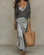 Ashley™ | Conjunto efecto vestido midi de punto y falda satinada