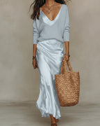 Ashley™ | Conjunto efecto vestido midi de punto y falda satinada